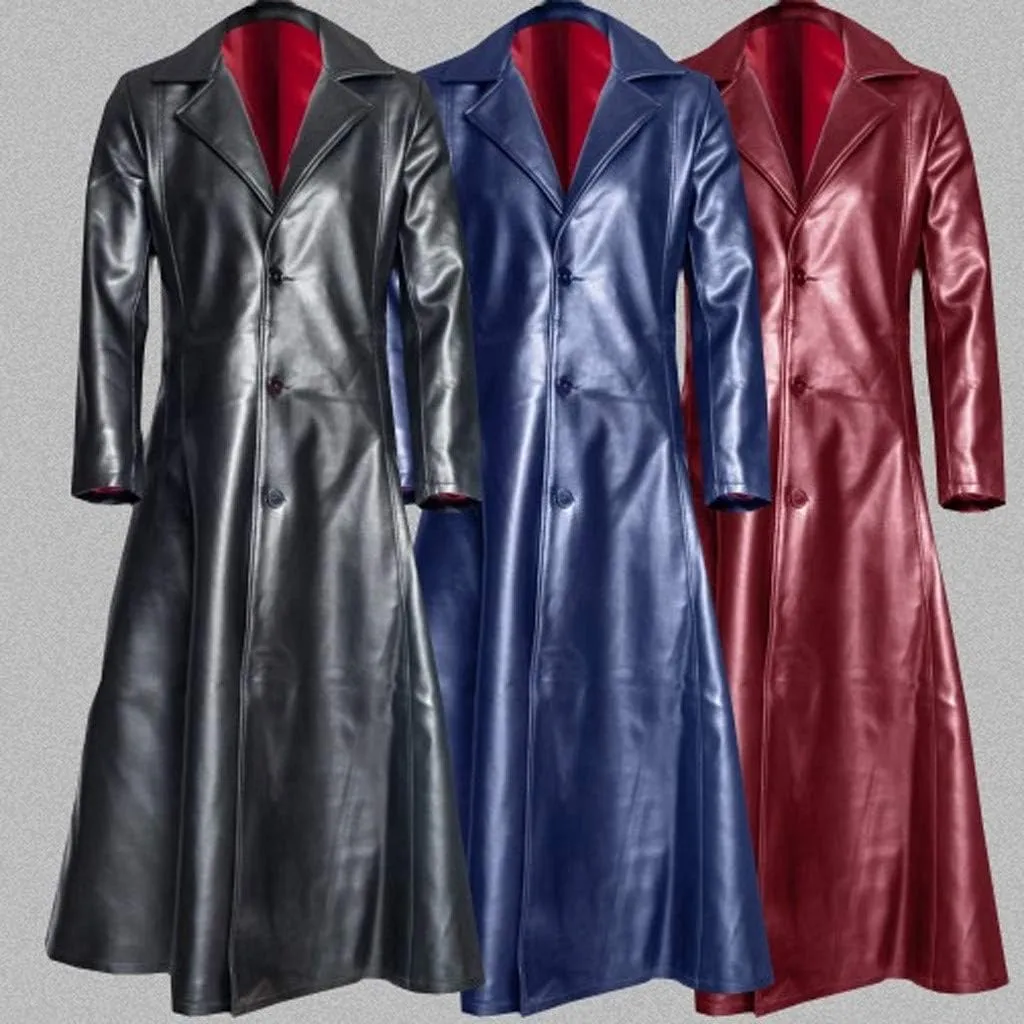 Mens Vintage Classic WW2 Officer Military Uniform Black Leather Trench Coat Jacket Long Trench Coat Motorcycle Jakcet