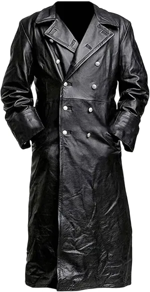 Mens Vintage German Classic WW2 Officer Military Uniform Black Leather Trench Coat, Long Motorcycle Jacket