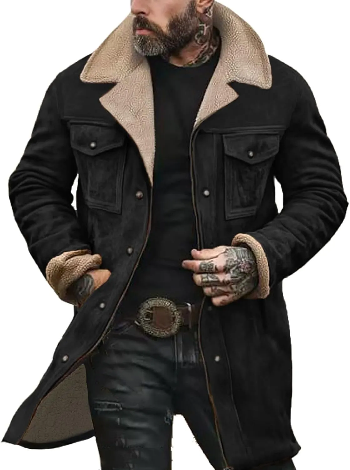 Men's Vintage Suede Jackets Fashion Plush Collar Western Cowboy Coats Distressed Faux Leather Motorcycle Jackets