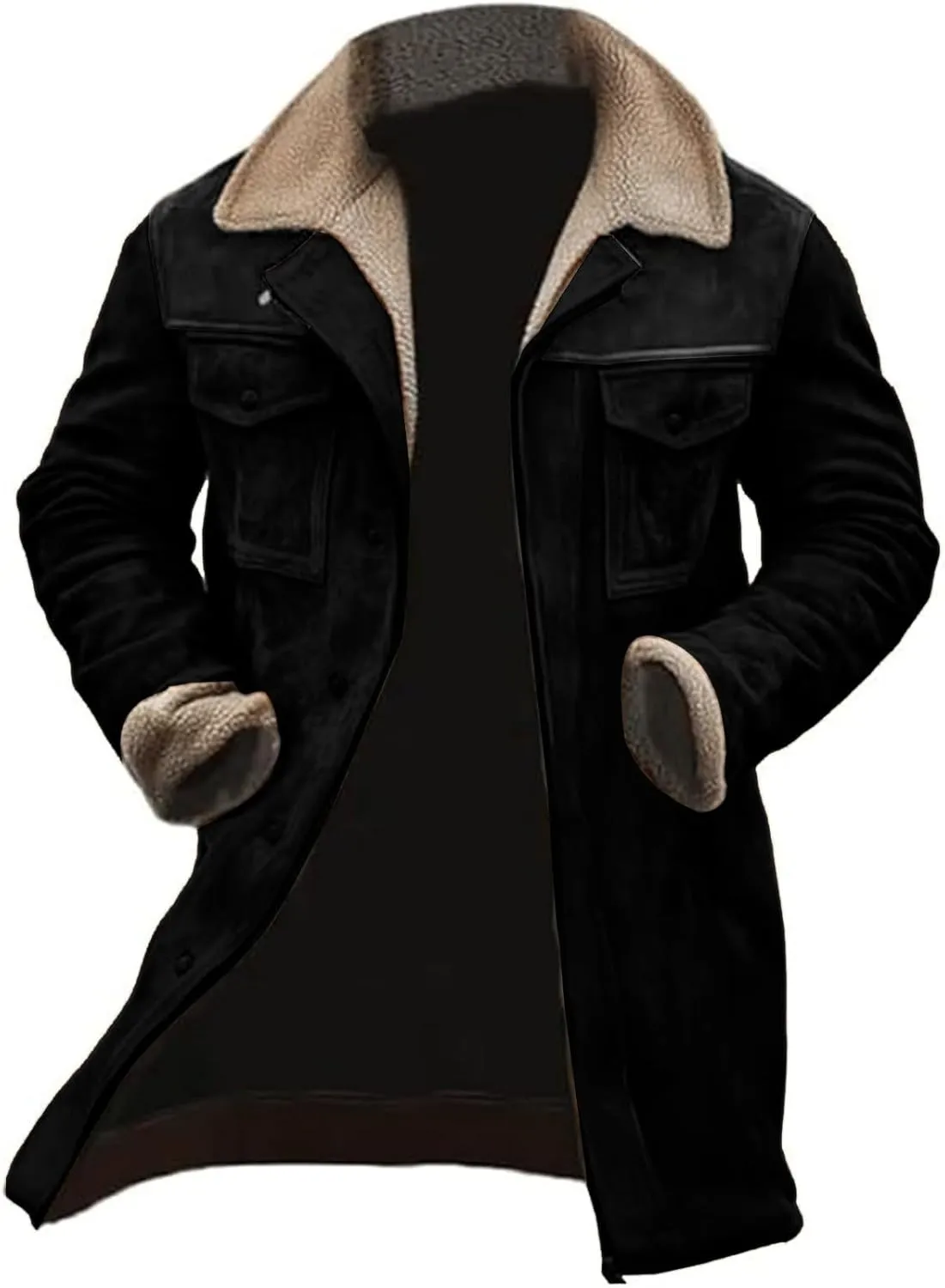 Men's Western Vintage Suede Lamb Fleece Jacket Sherpa Multi Pocket Button Outdoor Coat Warm Retro Top 2024