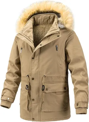 Men's Winter Puffer Hooded Coats Thicken Warmth Fleece Lined Tactical Work Cotton Jackets Zip Vintage Padded Coat