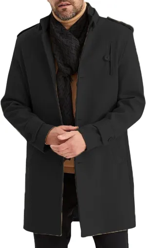 Men's Winter Single Breasted Long Jacket Wool Blend Notched Collar Trench Overcoat with Pockets