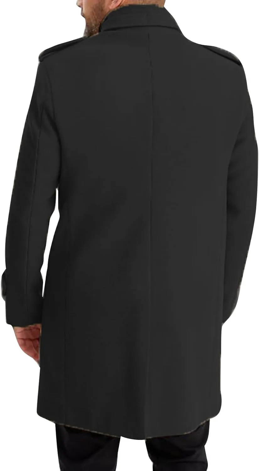 Men's Winter Single Breasted Long Jacket Wool Blend Notched Collar Trench Overcoat with Pockets