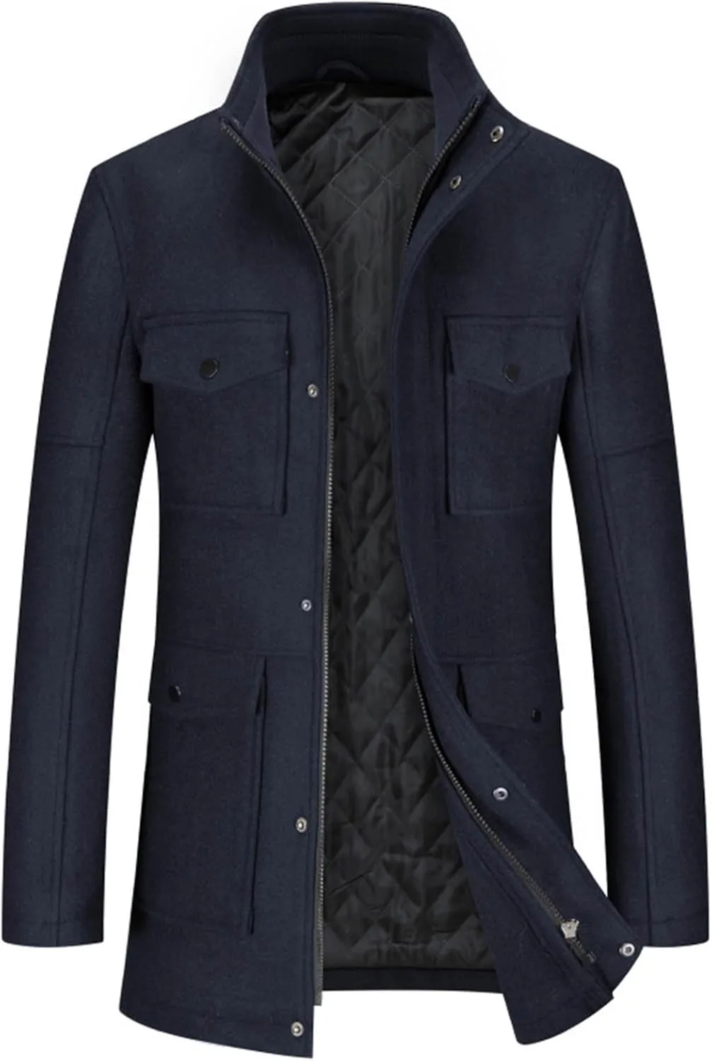 Mens Winter Trench Coats Wool Blend Quilted Padded Warm Long Jackets Slim Fit Long Sleeve Zip Up Outerwear