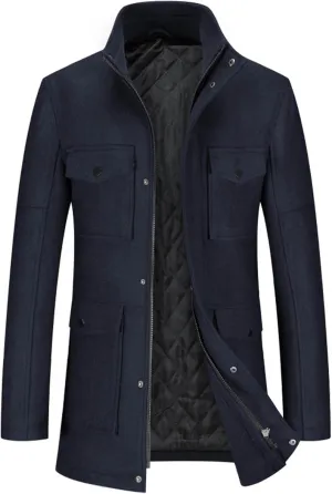 Mens Winter Trench Coats Wool Blend Quilted Padded Warm Long Jackets Slim Fit Long Sleeve Zip Up Outerwear