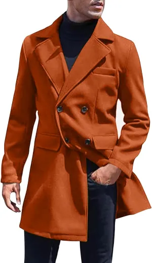 Men's Winter Warm Peacoat Single Breasted Trench Wool Blend Overcoat with Pockets