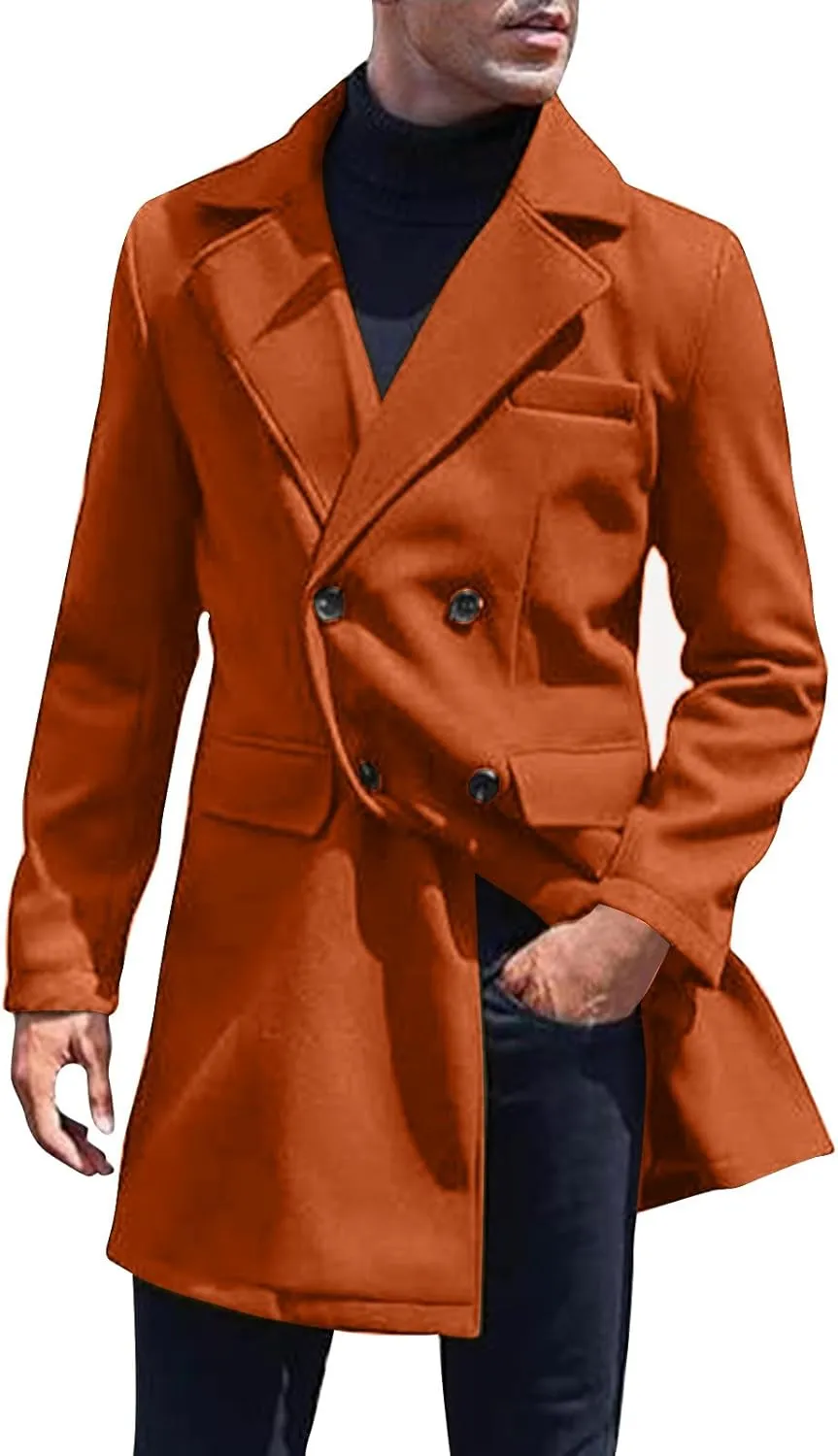 Men's Winter Warm Peacoat Single Breasted Trench Wool Blend Overcoat with Pockets