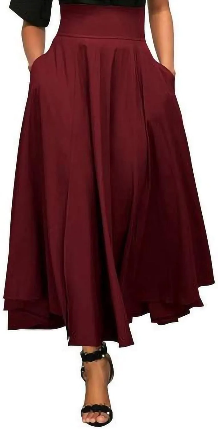 Midi Skirts for Women Trendy Long Maxi Skirt Dressy Casual Skirts Summer High Waisted A-Line Pleated Skirt with Pockets