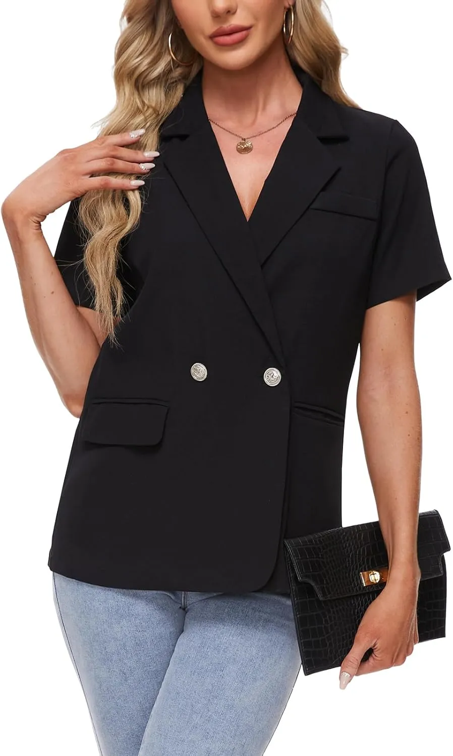 MINTLIMIT Womens Casual Blazer Short Sleeve Lapel Buttons Work Office Blazer Open Front Suit Jackets with Pockets