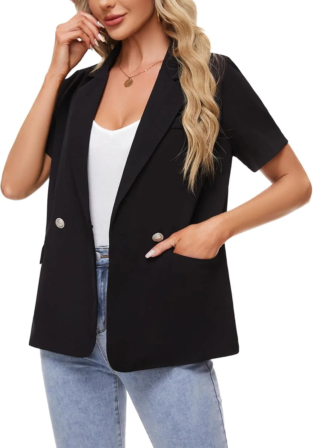 MINTLIMIT Womens Casual Blazer Short Sleeve Lapel Buttons Work Office Blazer Open Front Suit Jackets with Pockets