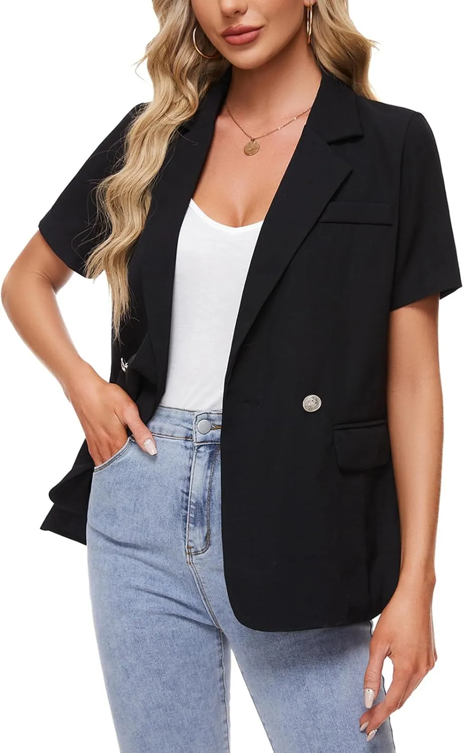 MINTLIMIT Womens Casual Blazer Short Sleeve Lapel Buttons Work Office Blazer Open Front Suit Jackets with Pockets