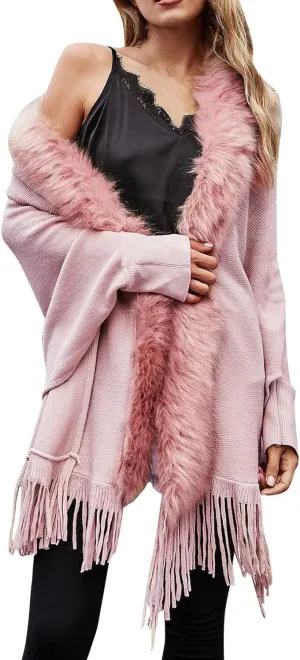 Miyaomn Summer Outfits for Women 2023 Trendy Luxury Faux Fur Shawl Wrap Cloak for Women Stylish Cozy Coat Sweater Cape Long Sleeve Open Front Fringed Hem Cardigan(Pink,Medium)