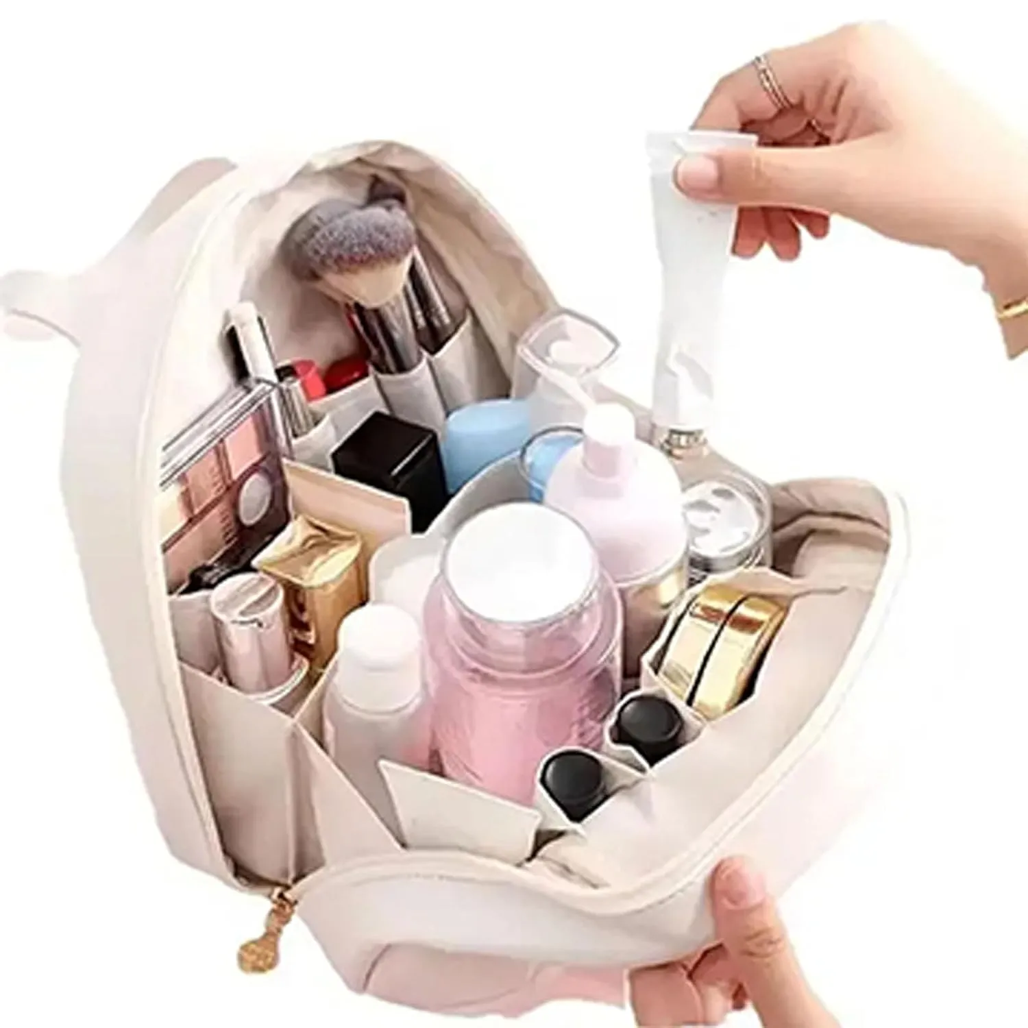 Multi-Layered Shell-Shaped Cosmetic Bag, Portable Large Capacity PU Shell Waterproof Handbag Style Cosmetic Bag, Premium Makeup Bag with Compartments (Brown)