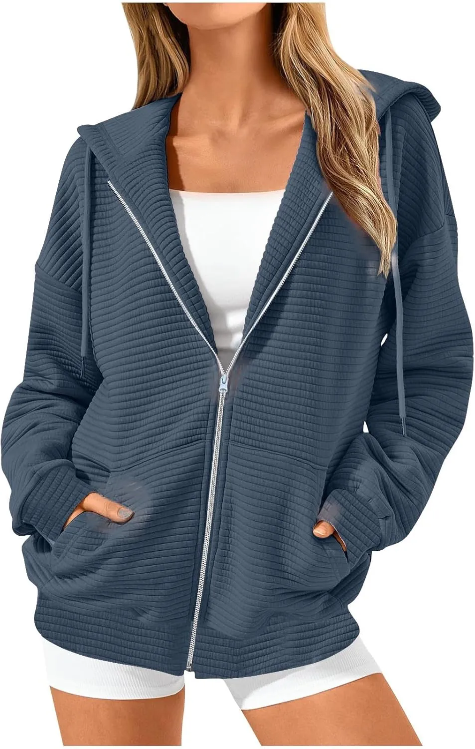 NaRHbrg Oversized Hoodies for Women Full Zip Up Long Sleeve Sweatshirts Casual Waffle Knit Drawstring Pullover Jackets Coat