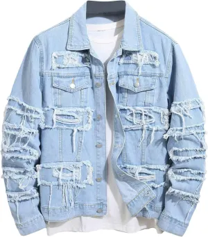 NATHGAM Cotton Jacket Men Trendy Loose Fit Ripped Outerwear Long Sleeve Jean Coats Casual Turndown Collar Jacket with Pocket