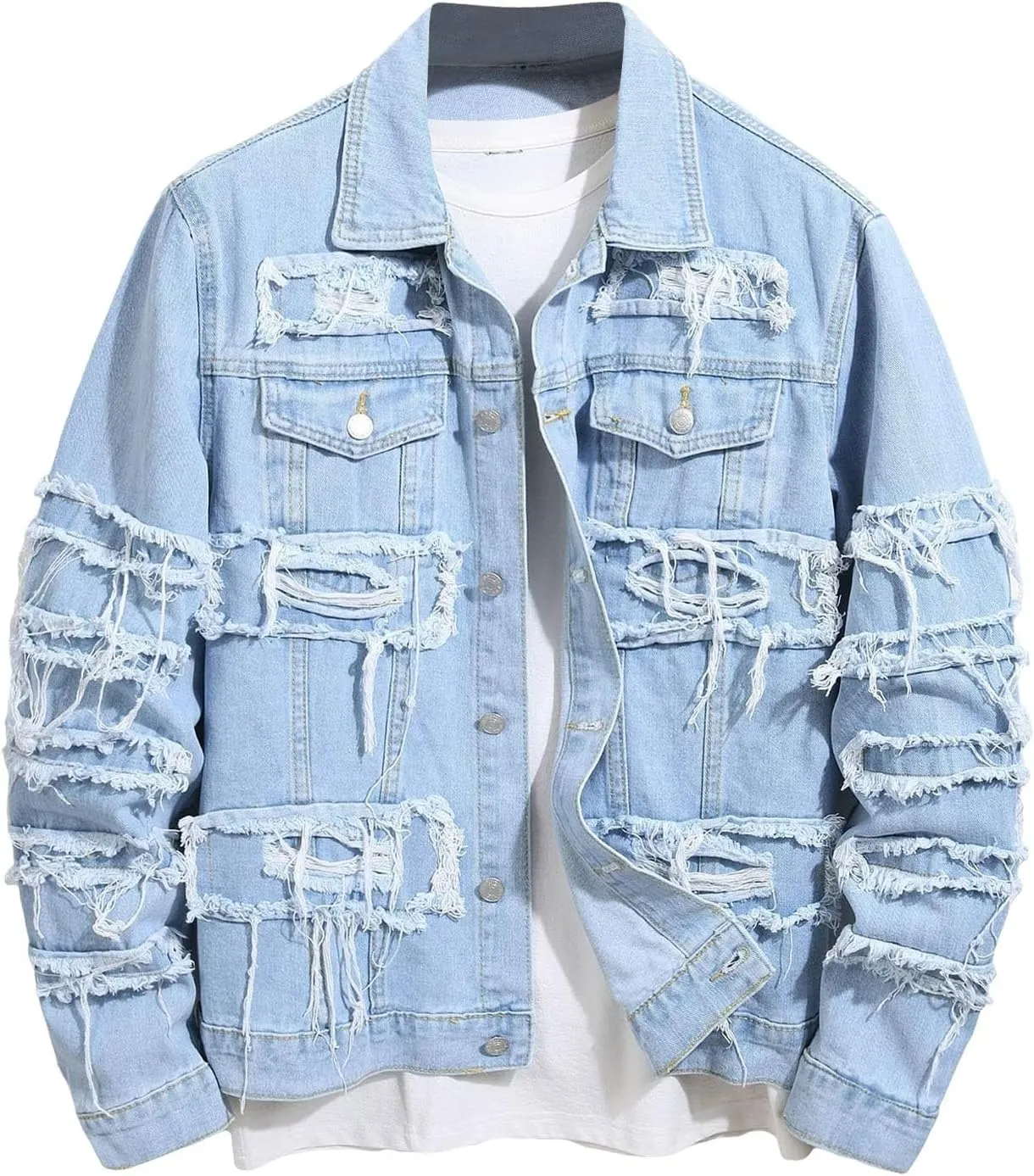 NATHGAM Cotton Jacket Men Trendy Loose Fit Ripped Outerwear Long Sleeve Jean Coats Casual Turndown Collar Jacket with Pocket