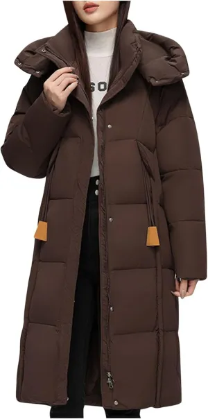 NATHGAM Long Down Coat Women Casual Turtleneck Thicken Winter Warm Hooded Puffer Coat Cotton Padded Zip Long Sleeve Outwears