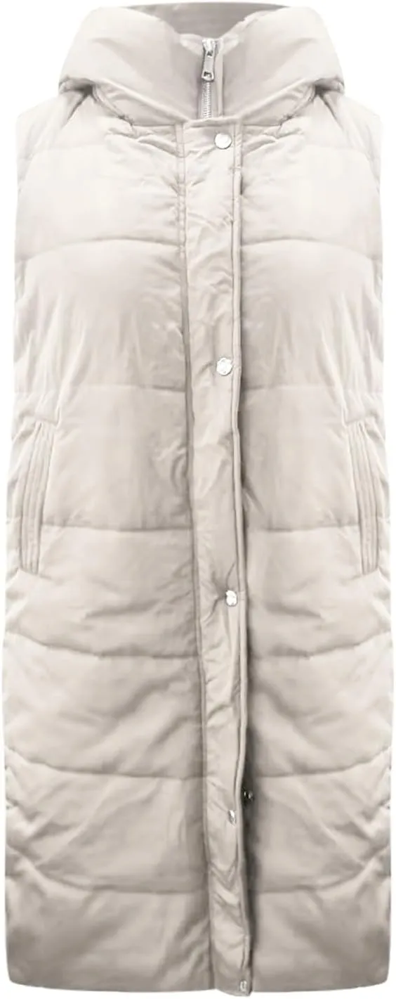 New Ladies Fashion Casual Padded Jacket Solid Color Hooded Slim Vest Temperament Sleeveless Cardigan Long Coat