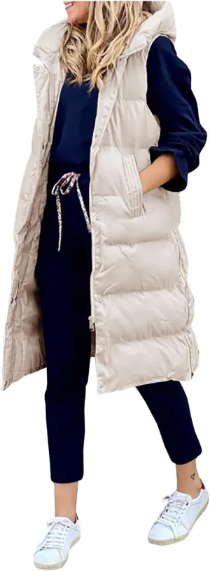 New Ladies Fashion Casual Padded Jacket Solid Color Hooded Slim Vest Temperament Sleeveless Cardigan Long Coat