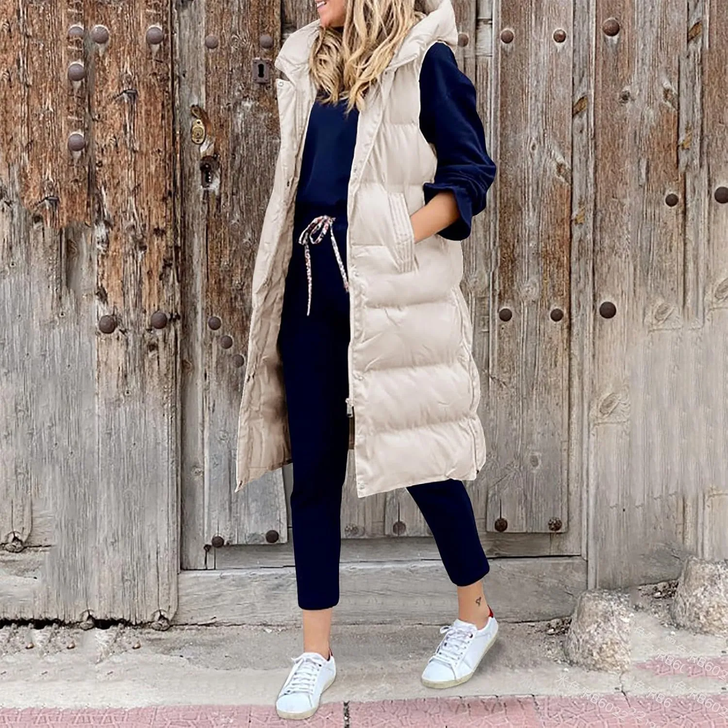 New Ladies Fashion Casual Padded Jacket Solid Color Hooded Slim Vest Temperament Sleeveless Cardigan Long Coat