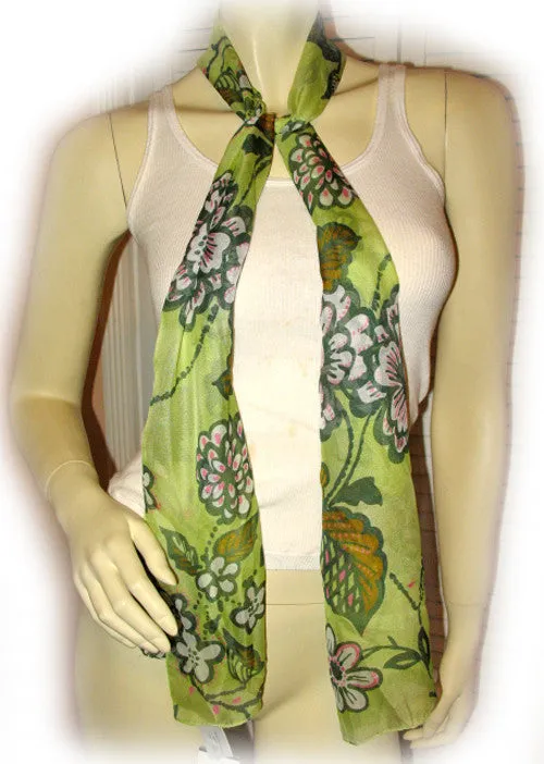 New Vintage Y2K 90s Scarf Scarves Wrap 62"X11" Floral Print Green Made in Italy