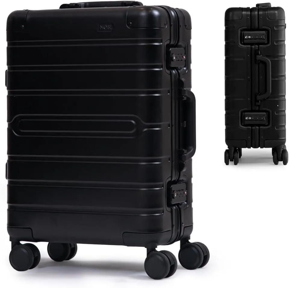 Nobl Travel Carry On Luggage, Noble Zipperless Aluminum Suitcase, 24x16.3x11 Airline Approved, Aluminum Metal Hardside Shell & Frame, 360 Spinner Wheels, Dual TSA Locks, Interior Compression  Black