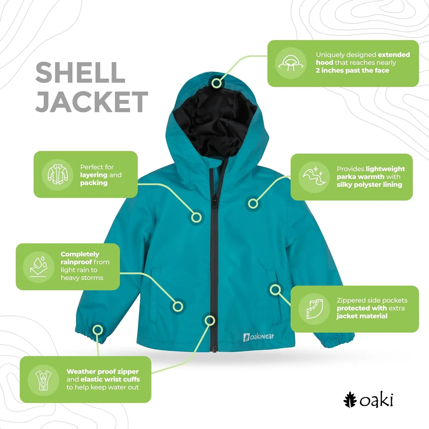 OAKI Rain Wind Shell Jacket for Kids/Toddlers, Waterproof, Breathable, Lightweight with Hood