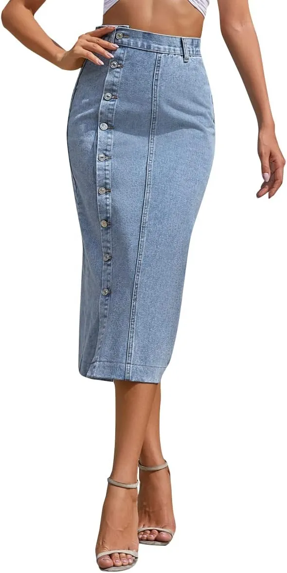 ODIZLI Women's Casual High Waisted Solid Button Up Denim Jean Skirt Side Slit