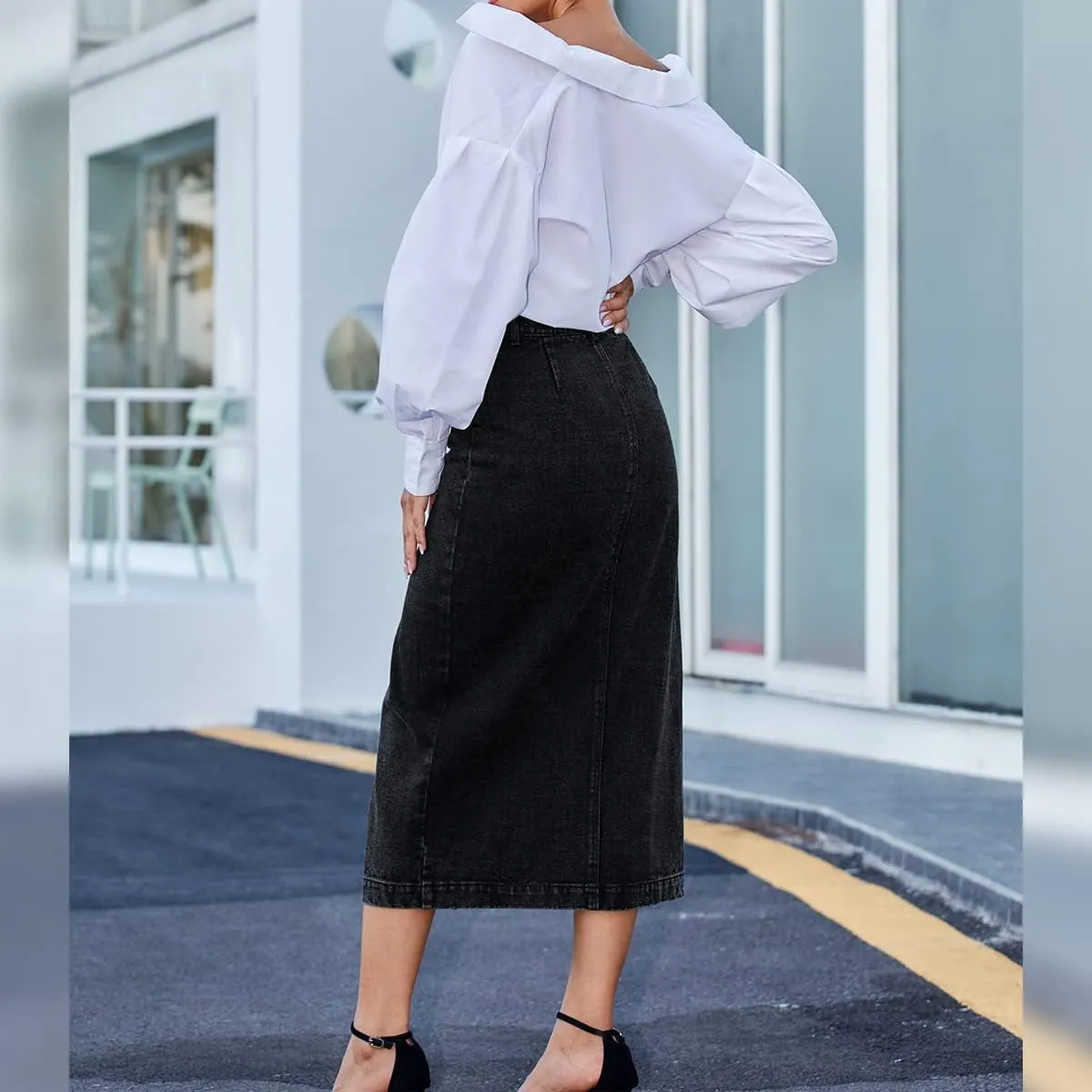 ODIZLI Women's Casual High Waisted Solid Button Up Denim Jean Skirt Side Slit