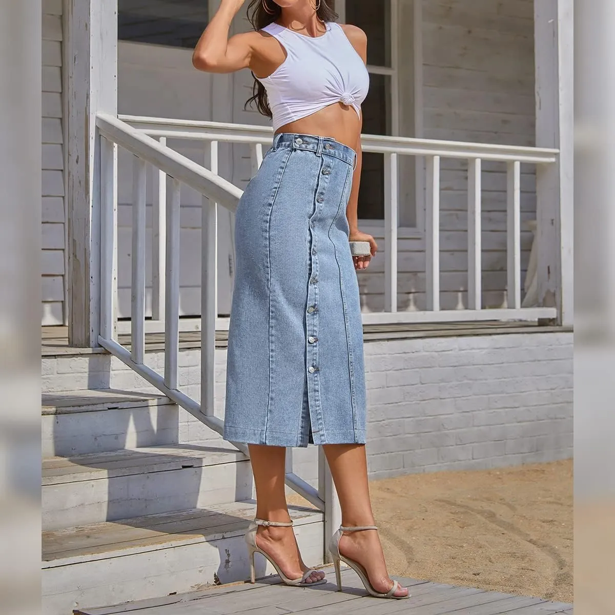 ODIZLI Women's Casual High Waisted Solid Button Up Denim Jean Skirt Side Slit
