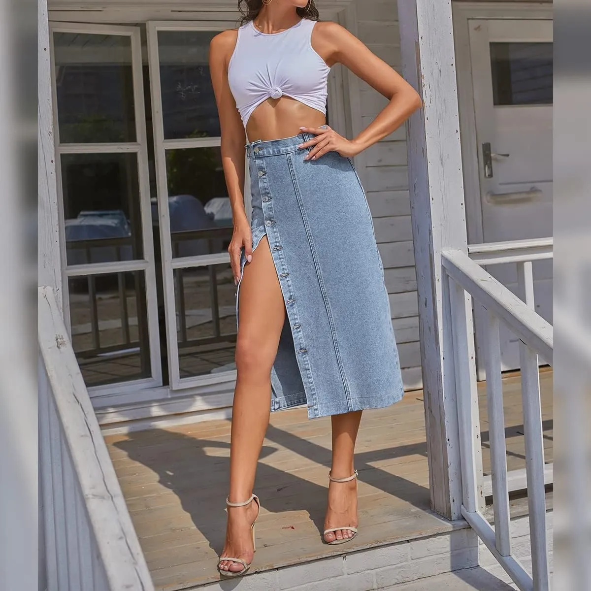ODIZLI Women's Casual High Waisted Solid Button Up Denim Jean Skirt Side Slit