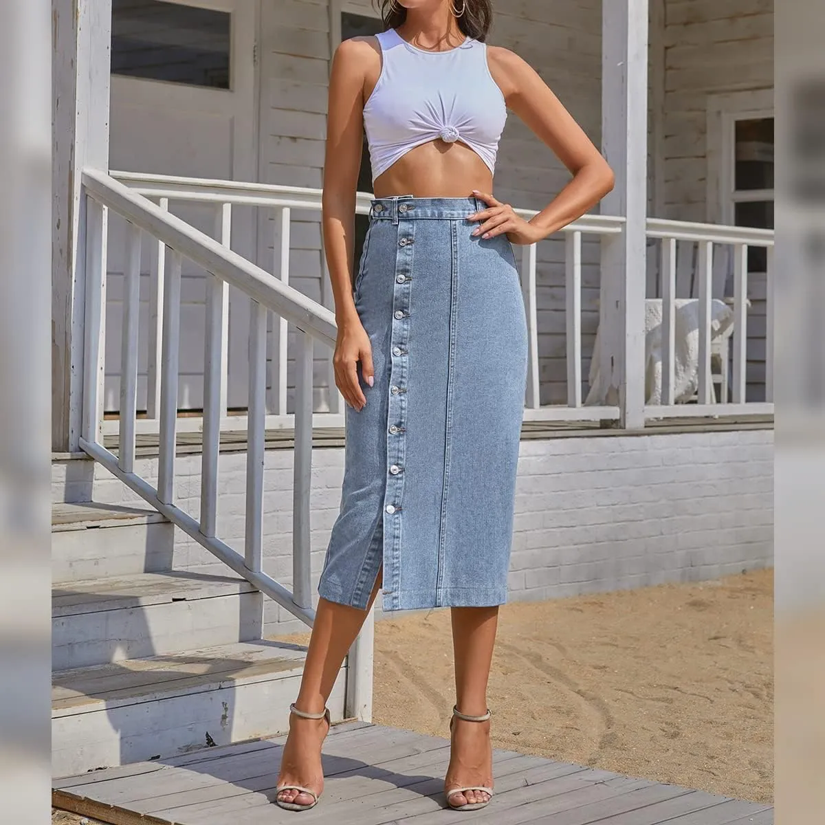 ODIZLI Women's Casual High Waisted Solid Button Up Denim Jean Skirt Side Slit