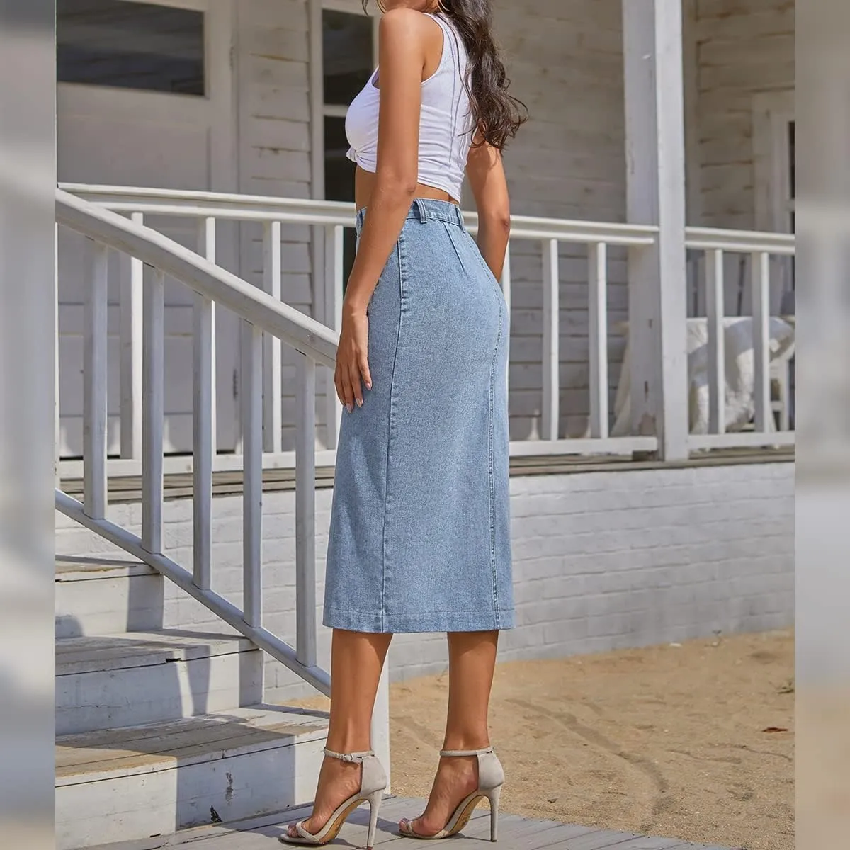 ODIZLI Women's Casual High Waisted Solid Button Up Denim Jean Skirt Side Slit