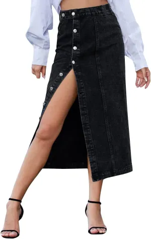 ODIZLI Women's Casual High Waisted Solid Button Up Denim Jean Skirt Side Slit