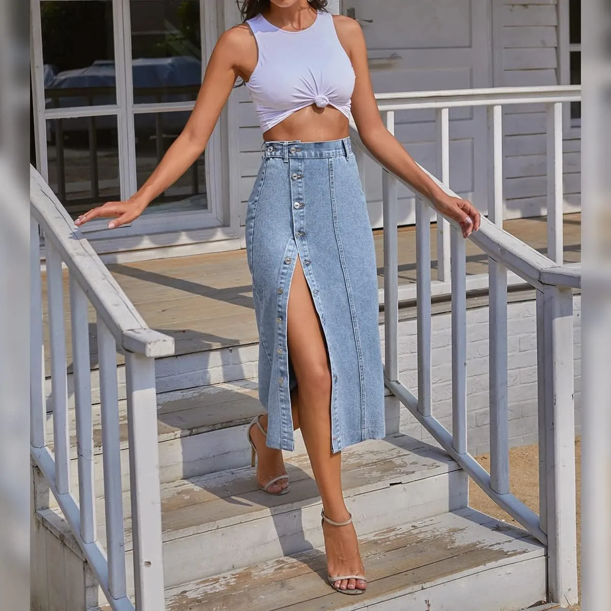 ODIZLI Women's Casual High Waisted Solid Button Up Denim Jean Skirt Side Slit
