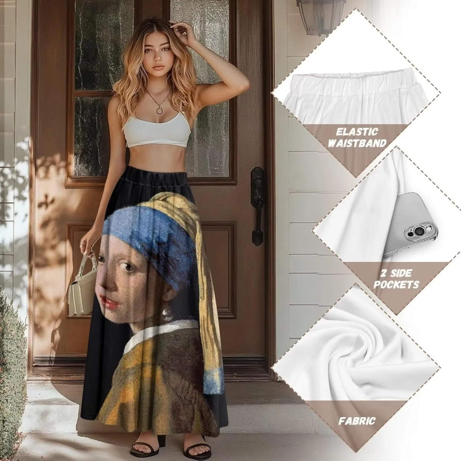Oil Painting Printed Women's Long Maxi Skirt Elegant Pleated High Waisted A-Link Long Maxi Skirt for Party, Work