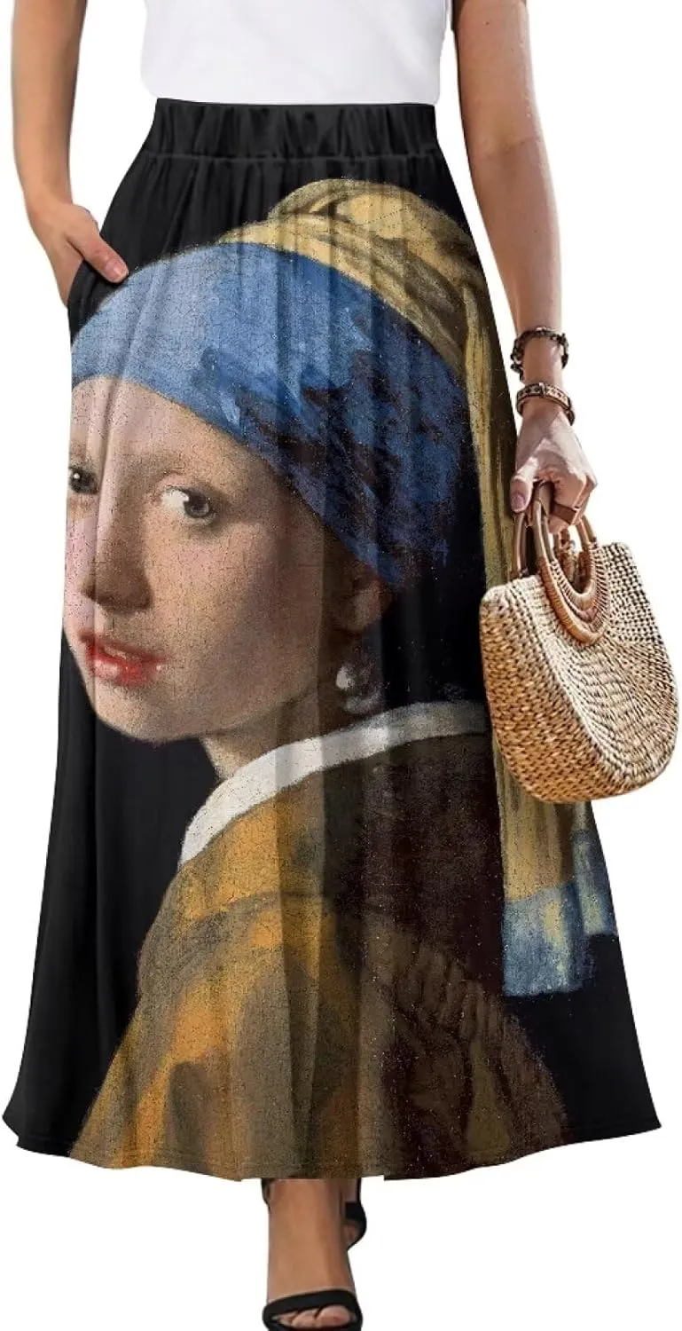 Oil Painting Printed Women's Long Maxi Skirt Elegant Pleated High Waisted A-Link Long Maxi Skirt for Party, Work