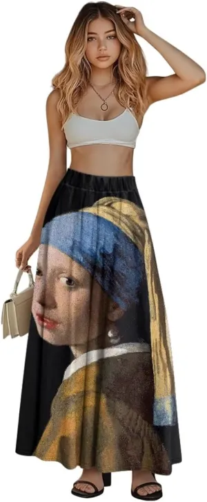Oil Painting Printed Women's Long Maxi Skirt Elegant Pleated High Waisted A-Link Long Maxi Skirt for Party, Work