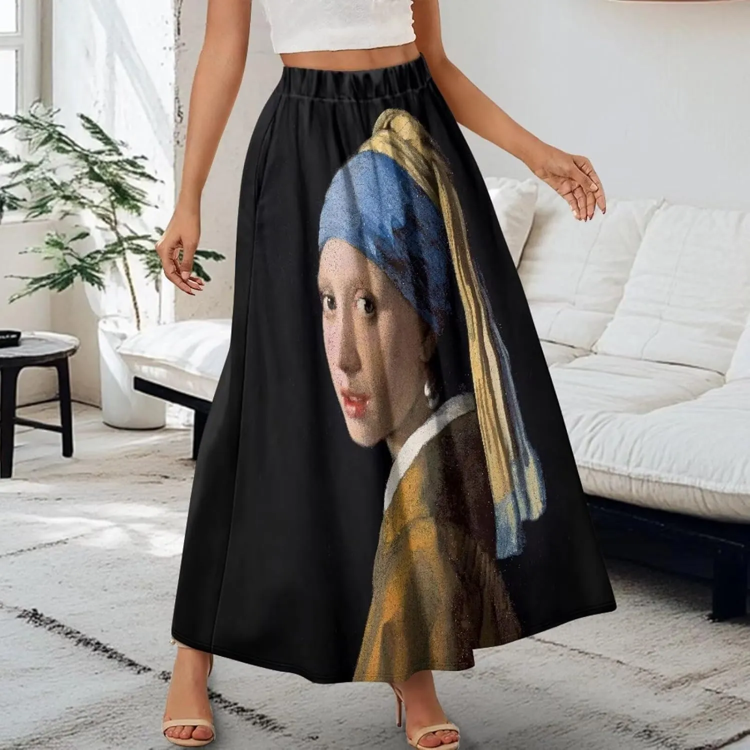 Oil Painting Printed Women's Long Maxi Skirt Elegant Pleated High Waisted A-Link Long Maxi Skirt for Party, Work