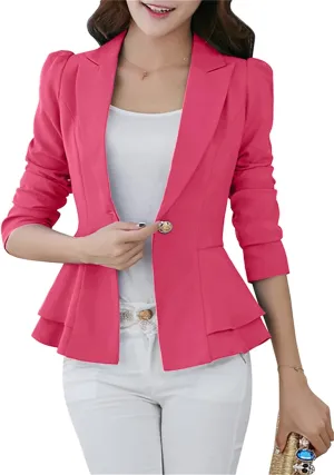 OMZIN Women's Casual Long Sleeve Blazer Work Office Blazer Ruffled Back Blazer Solid Button Coat