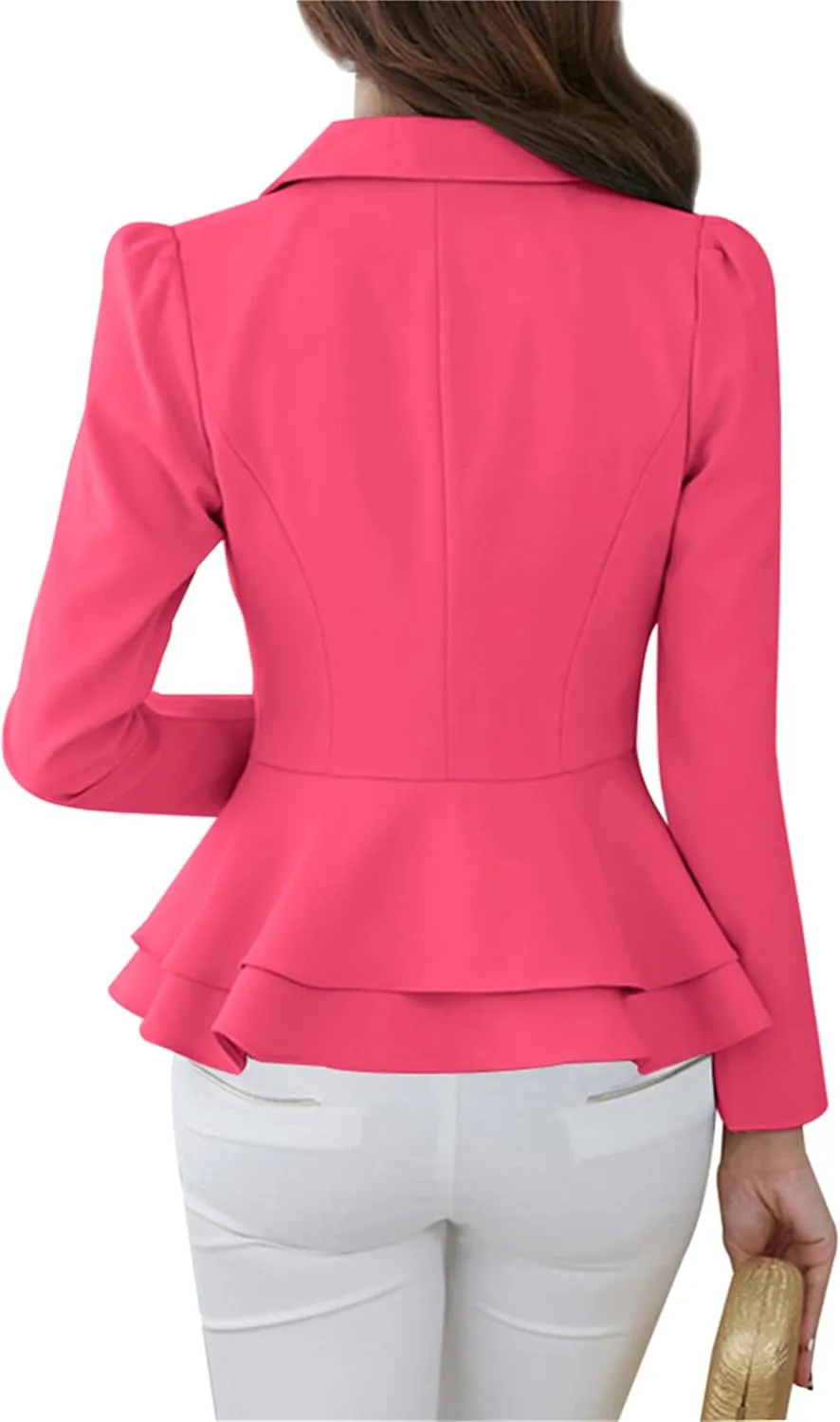 OMZIN Women's Casual Long Sleeve Blazer Work Office Blazer Ruffled Back Blazer Solid Button Coat
