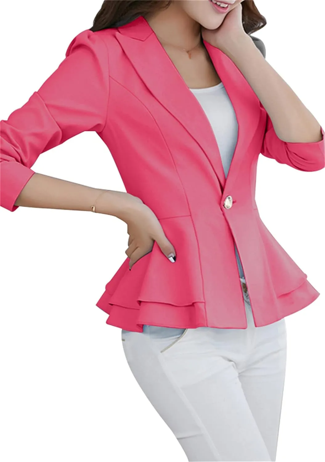 OMZIN Women's Casual Long Sleeve Blazer Work Office Blazer Ruffled Back Blazer Solid Button Coat