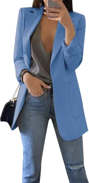 OMZIN Women's Lapel Pockets Long Sleeve Blazer Open Front Coat Jacket