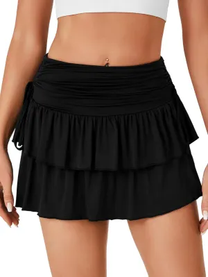 OPOIPIN Women's Ruched High Wasit Layered Ruffle Tennis Skorts A-Line Mini Skirt with Shorts