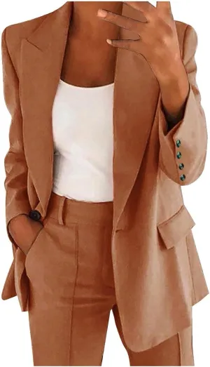 Oversized Blazer Sets Women 2 Piece Outfits Open Front Lapel Neck Button Business Casual Blazers Slim Wedding Trouser