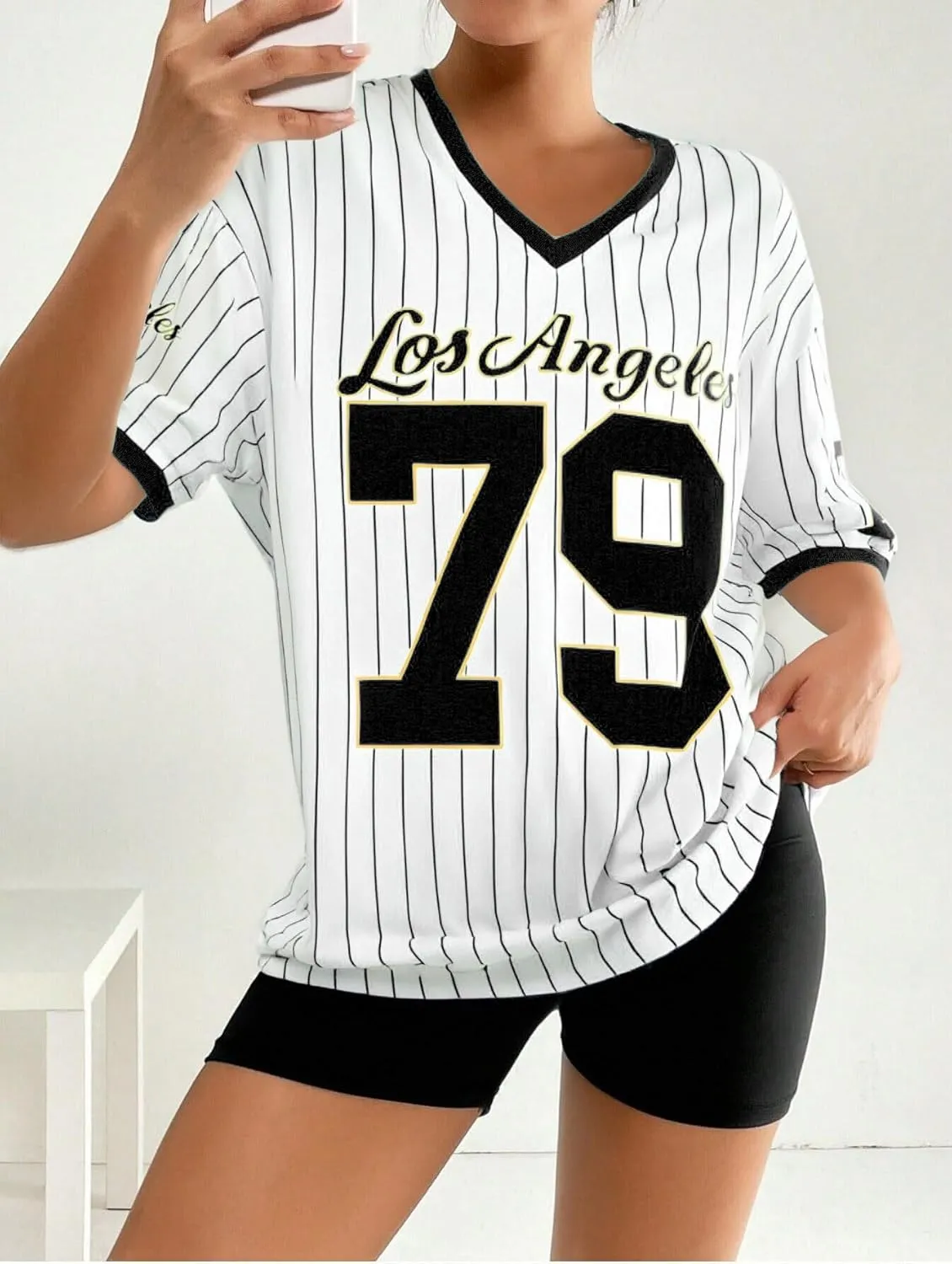 Oversized Jersey Shirts for Women V Neck Tshirt Striped Number Graphic Shirt Casual Y2k Streetwear Tee Tops
