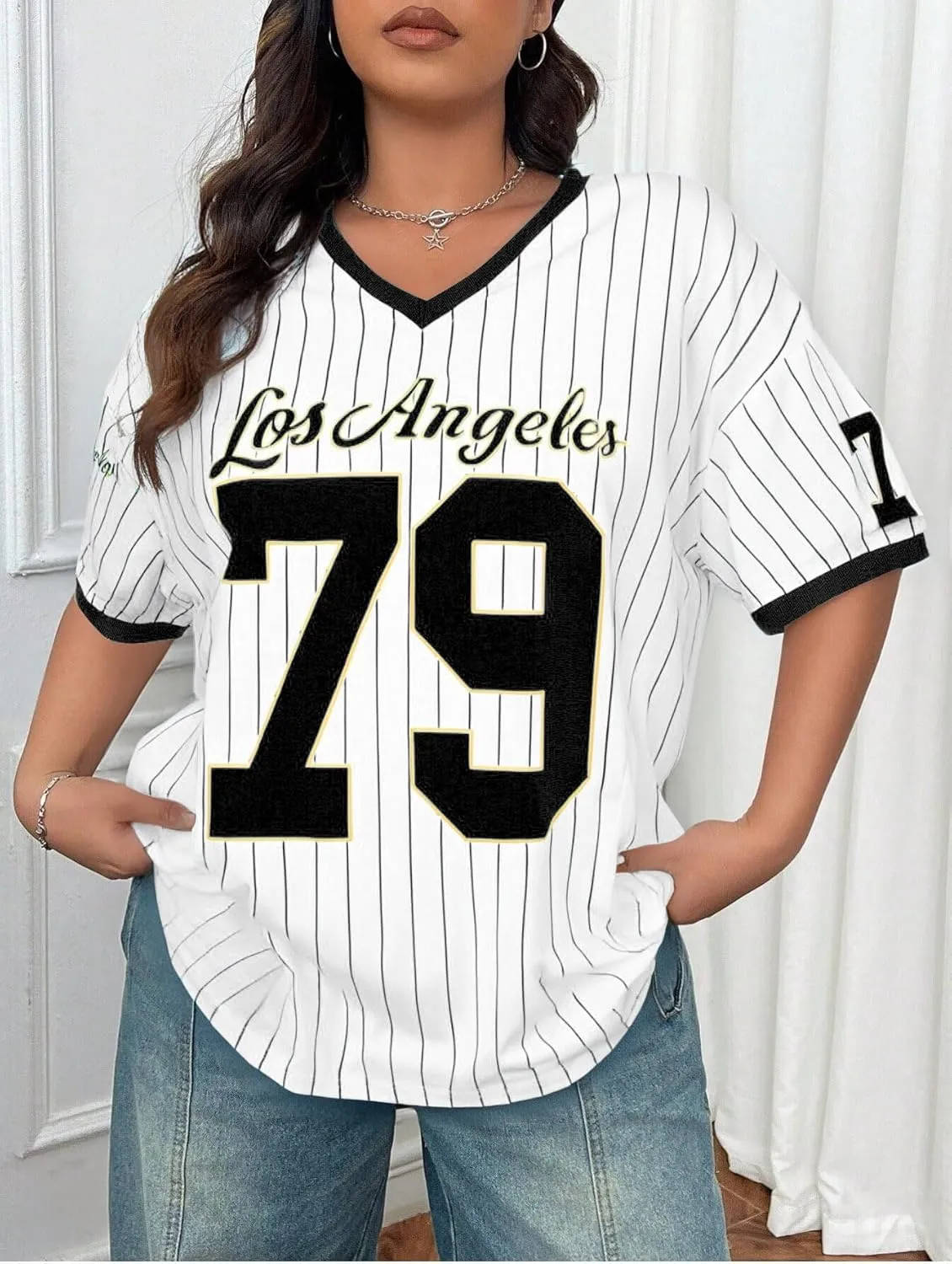 Oversized Jersey Shirts for Women V Neck Tshirt Striped Number Graphic Shirt Casual Y2k Streetwear Tee Tops