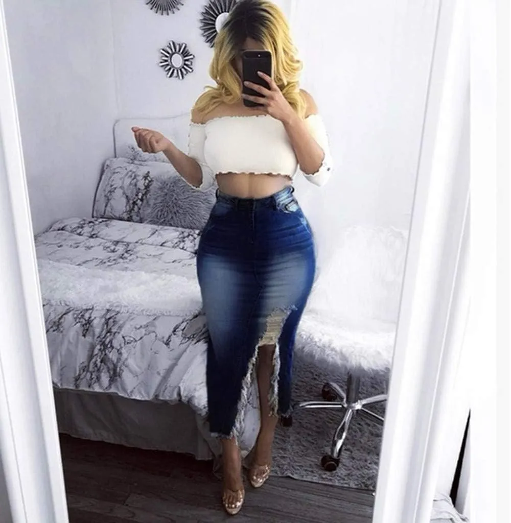Pleated Tennis Skirts for Women Midi Skirts for Women High Waist Ripped Denim Skirt Destroyed Bodycon Street