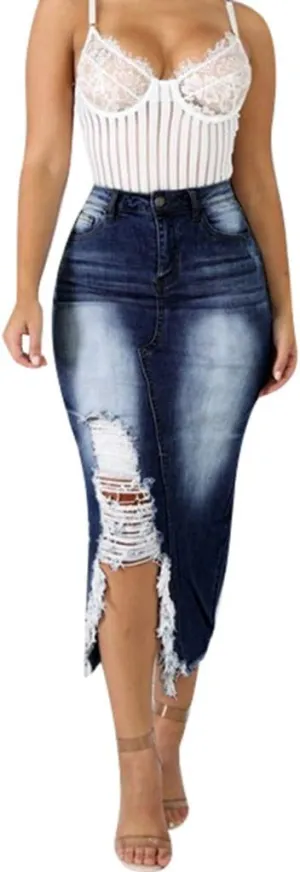 Pleated Tennis Skirts for Women Midi Skirts for Women High Waist Ripped Denim Skirt Destroyed Bodycon Street