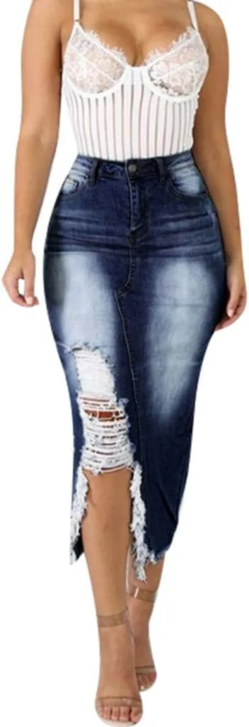 Pleated Tennis Skirts for Women Midi Skirts for Women High Waist Ripped Denim Skirt Destroyed Bodycon Street